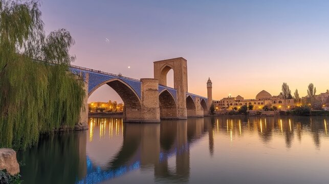 Siosepol Bridge illuminated at sunset, sky reflecting in the Zayanderud River, Isfahan, Iran