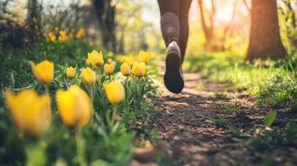 A woman jogs through a field of yellow tulips.