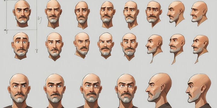 A character sheet displaying multiple views, poses, and facial expressions.