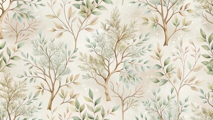 Fototapeta premium Elegant Watercolor Tree Branches and Leaves Seamless Pattern