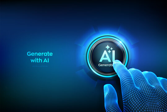 Generate with AI button. Artificial intelligence and Machine learning technology concept. AI enters by command prompt to generate ideas. Closeup finger about to press a Generate AI button. Vector.
