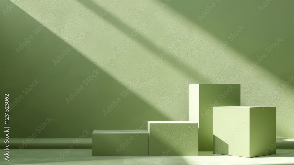 Poster rendering of a green cube podium on a light pastel background. minimal scene mockup for product pres