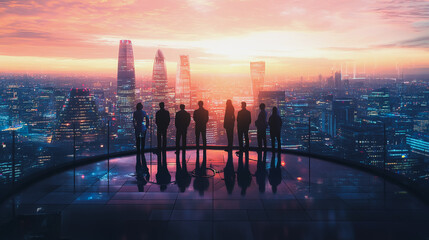 Abstract business team stands on the peak of success amid tall, innovative Smart city and graphs with statistics to analyze business potential and predict future developments in company growth.