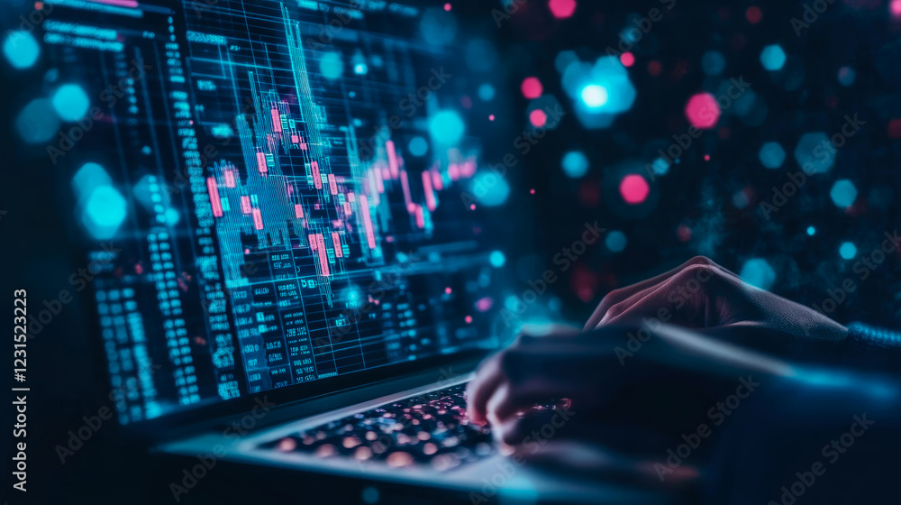 Poster night trader: data streams illuminate the keyboard