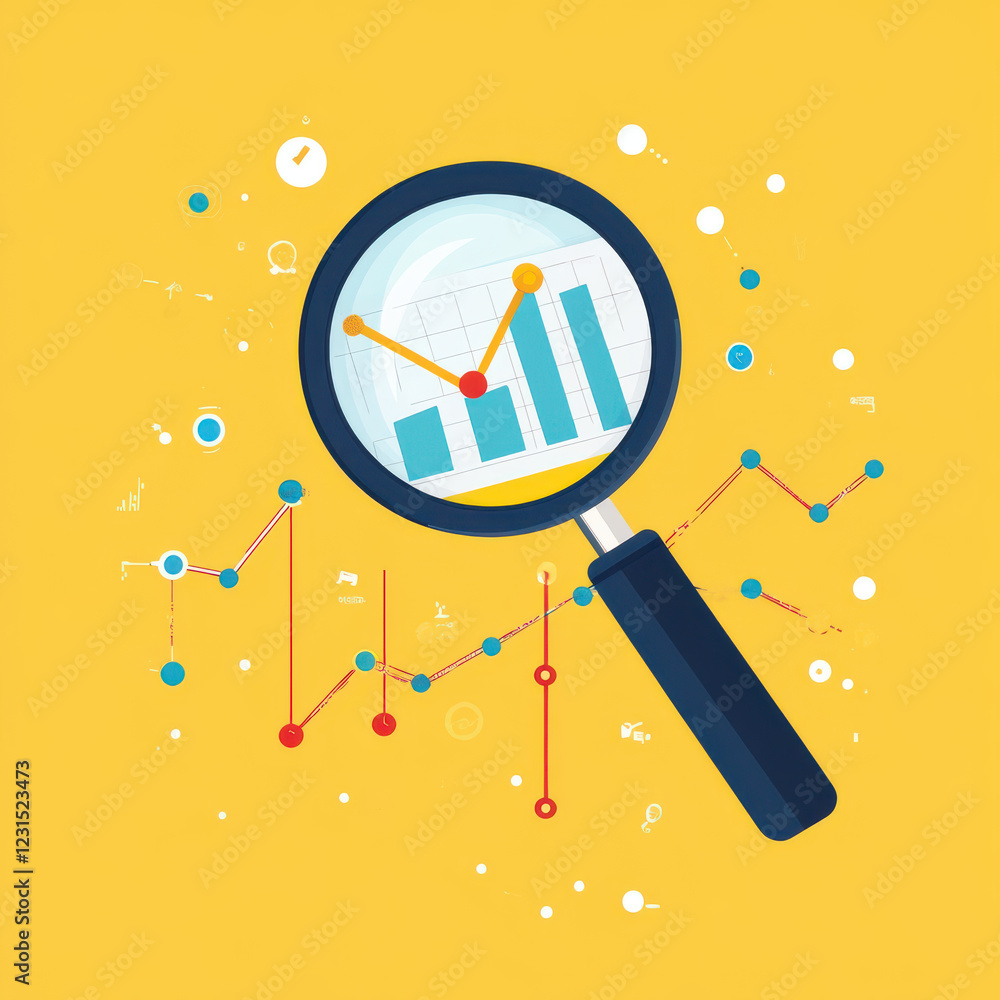 Poster analyzing data trends with magnifying glass, revealing insights and discrepancies in business metric