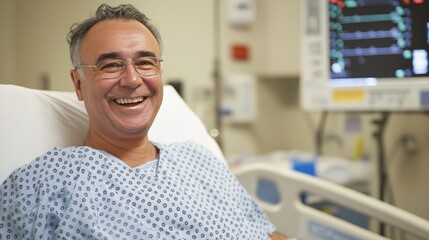 Obraz premium A cheerful man lies in a hospital bed, dressed in a medical gown, showcasing a genuine smile. Surrounded by medical equipment, he embodies hope and determination while recovering