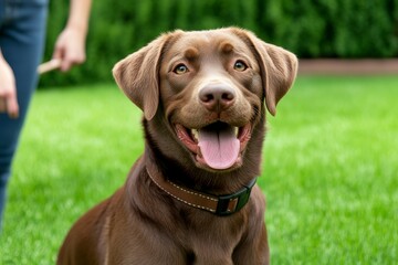 Happy Brown Labrador Retriever Dog Smiling Outdoors in Green Grass with Person Holding Leash Nearby