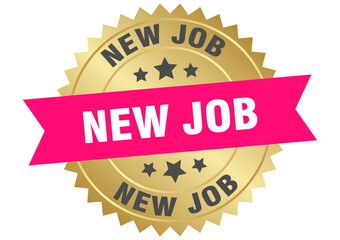 new job. new job round pink and gold label isolated on transparent background