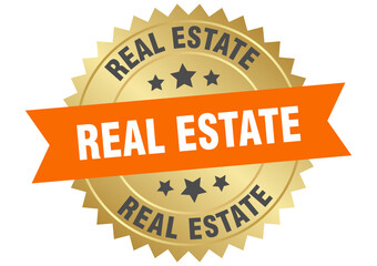 real estate. real estate round orange and gold label isolated on transparent background