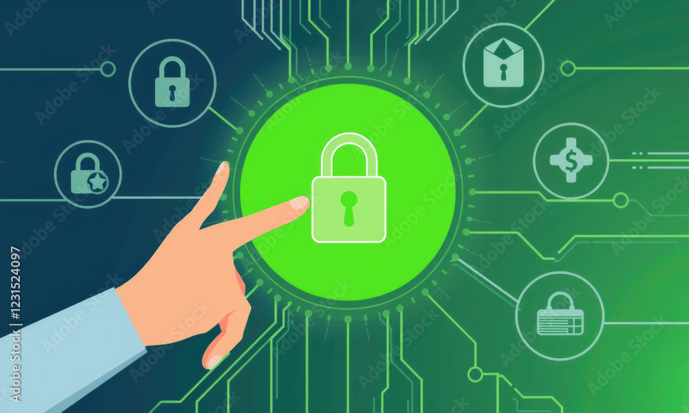 Poster hand pressing digital lock symbol, representing cybersecurity and data protection. background featur