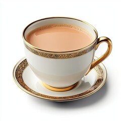 Teacup, milk tea, saucer, gold trim, white background, breakfast drink