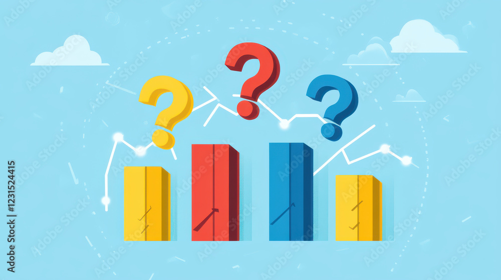 Poster colorful question marks above fluctuating growth graphs represent uncertainty in data analysis. vibr