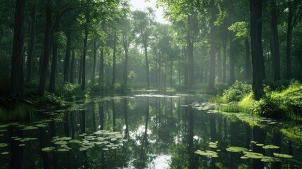 Misty morning forest pond reflection, nature serenity, peaceful scene, wallpaper