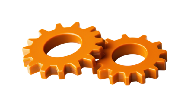 Colorful orange plastic gears arranged close together showcasing mechanical design and functionality in a simple setting - Powered by Adobe