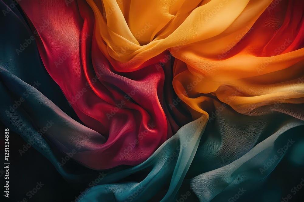 Poster abstract swirling fabric sheets with soft gradient tones, creating a dynamic motion effect