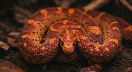 Fototapeta premium Vibrant orange and brown snake coiled on forest floor among leaves