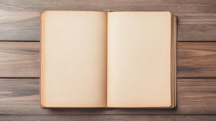 Fototapeta premium Open vintage book with blank pages rests on a dark brown wooden surface. Perfect for adding your own text or images.