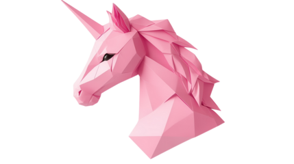 Colorful pink unicorn head sculpture made of paper in a modern art style