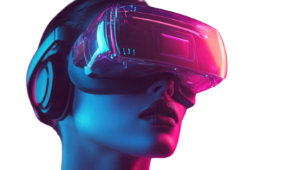 Virtual reality experience with immersive headset and striking neon lighting at a modern technology event