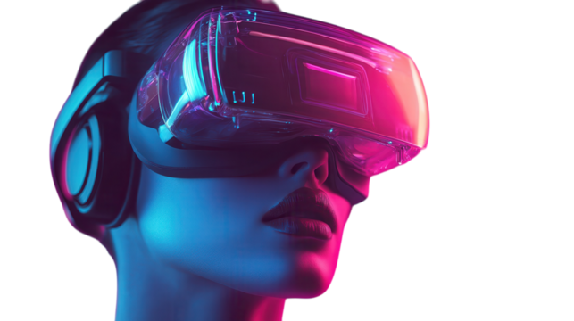 Virtual reality experience with immersive headset and striking neon lighting at a modern technology event