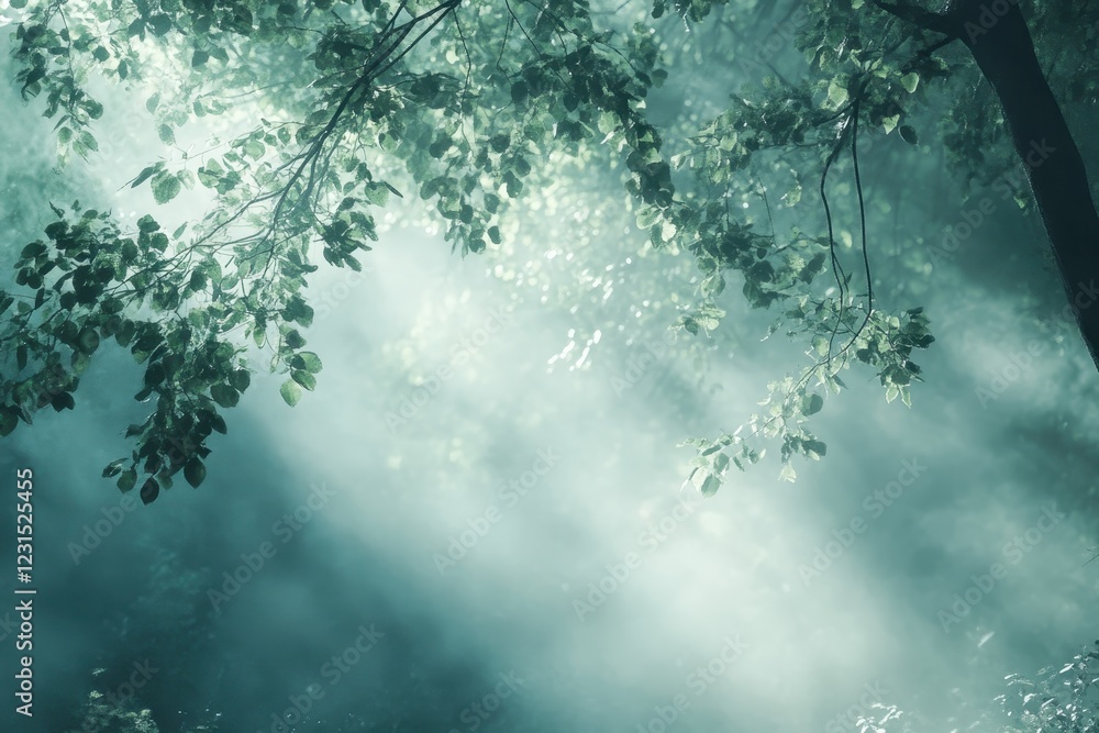 Poster tree standing alone in a foggy forest with dense mist and soft lighting atmosphere