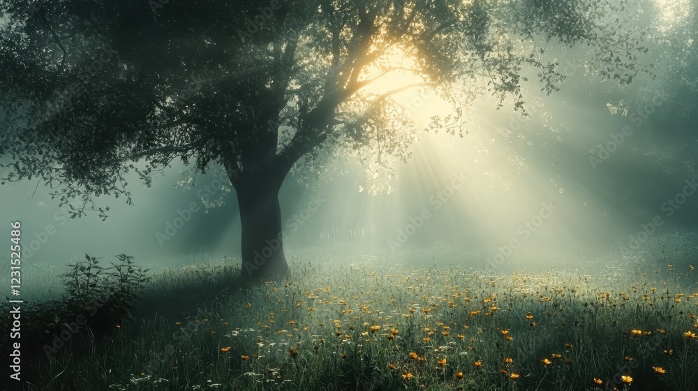 Poster tree standing alone in a wide field illuminated by sunbeams during sunny weather
