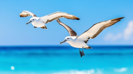 Two Elegant Birds in Flight Over Crystal Clear Tropical Sea