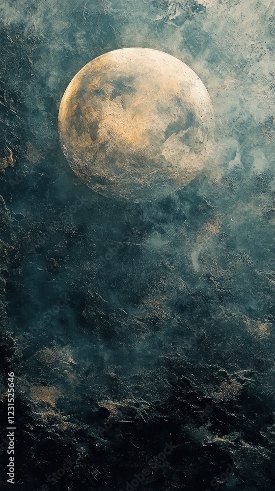 Poster full moon illuminated in the night sky with scattered clouds and stars visible in the background