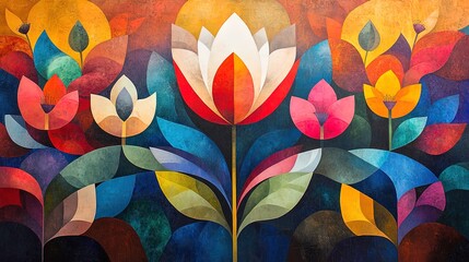 Islamic art-inspired mural with floral and geometric patterns, vibrant and colorful design 