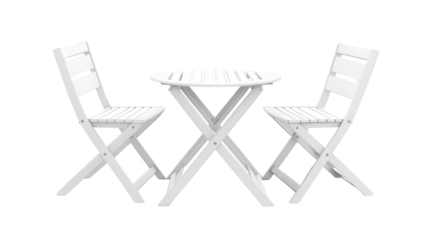 White folding table and chairs set arranged for outdoor dining in a bright and modern environment