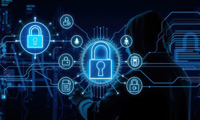 Obraz premium person in hoodie interacts with digital security icons, representing cyber hygiene and data protection. image conveys sense of vigilance and modern technology