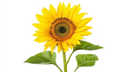 Obraz premium Bright Yellow Sunflower with Green Leaves Isolated on White Background