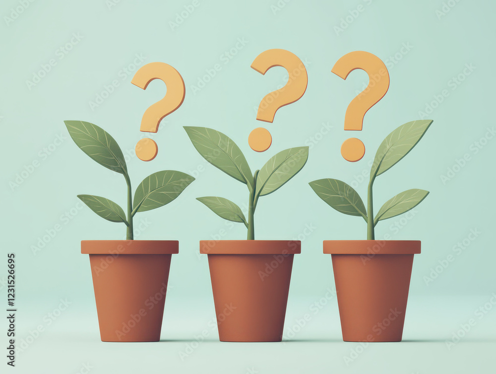 Poster growing plants with question marks above them symbolize curiosity and inquiry. this captures essence