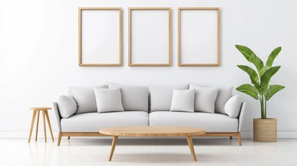 Modern Minimalist Living Room with Couch, Frames, and Plant