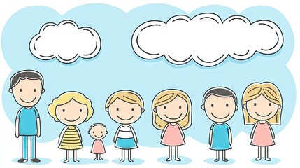 Happy family portrait, outdoor, sunny day, clouds,  illustration, website use