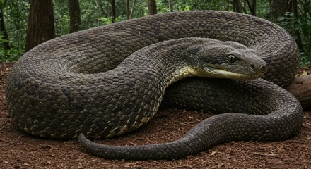 Fototapeta premium Large snake coiled on forest floor, surrounded by lush greenery