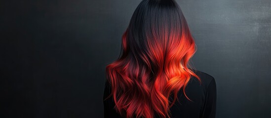 Vibrant red ombre hairstyle on long flowing hair against a dark background emphasizing bold color transitions and modern hair artistry.