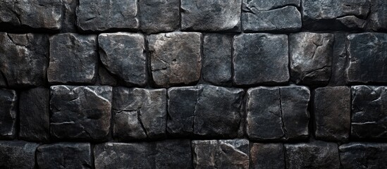 Obraz premium Dark textured stone wall featuring uneven black and gray stones arranged in a pattern, providing a rustic and ancient ambiance, horizontal layout.