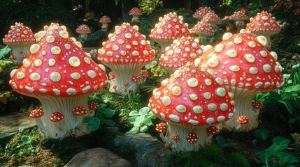 Cluster of vibrant red and white toadstools in a lush green garden setting