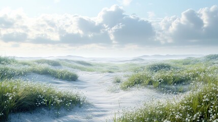 Sandy path leading through lush green sand dunes under clear blue sky