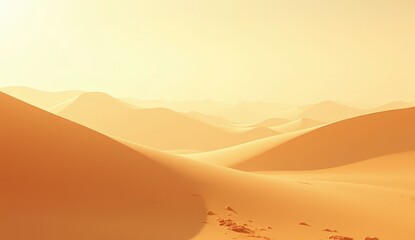 Expansive golden desert dunes stretching under a vibrant sunlit sky, with the warm rays casting long shadows across the smooth sand, creating a serene and breathtaking desert landscape.


