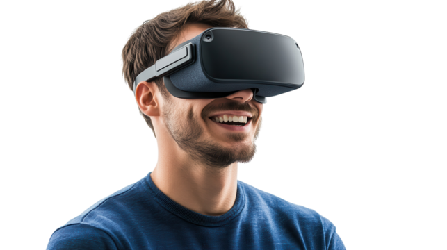 Man enjoys virtual reality experience with headset and smiles in bright setting