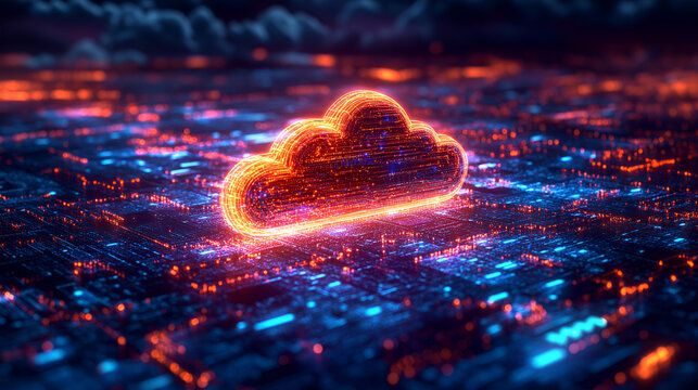 Neon cloud icon with digital circuit board, futuristic cyberpunk network