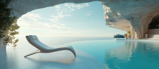 Lounge chair elegantly positioned poolside with gentle arch over serene blue water, surrounded by soft rock formations and tranquil sky reflections.