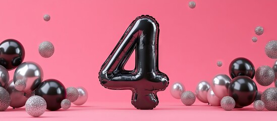 Black metallic number four balloon in center against a pink background, surrounded by shiny black, silver, and gray spheres in various sizes.
