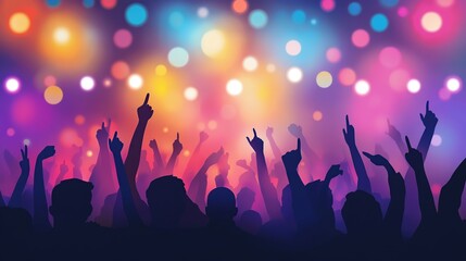 Festive concert crowd cheering; stage lights blurred