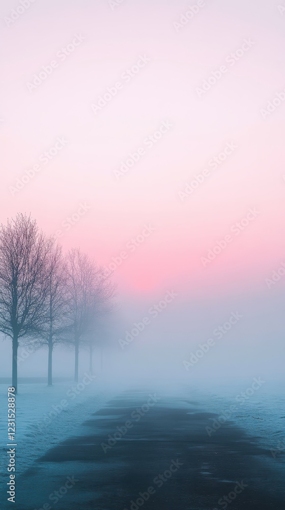 Poster foggy road surrounded by trees creating a serene and mysterious atmosphere in nature