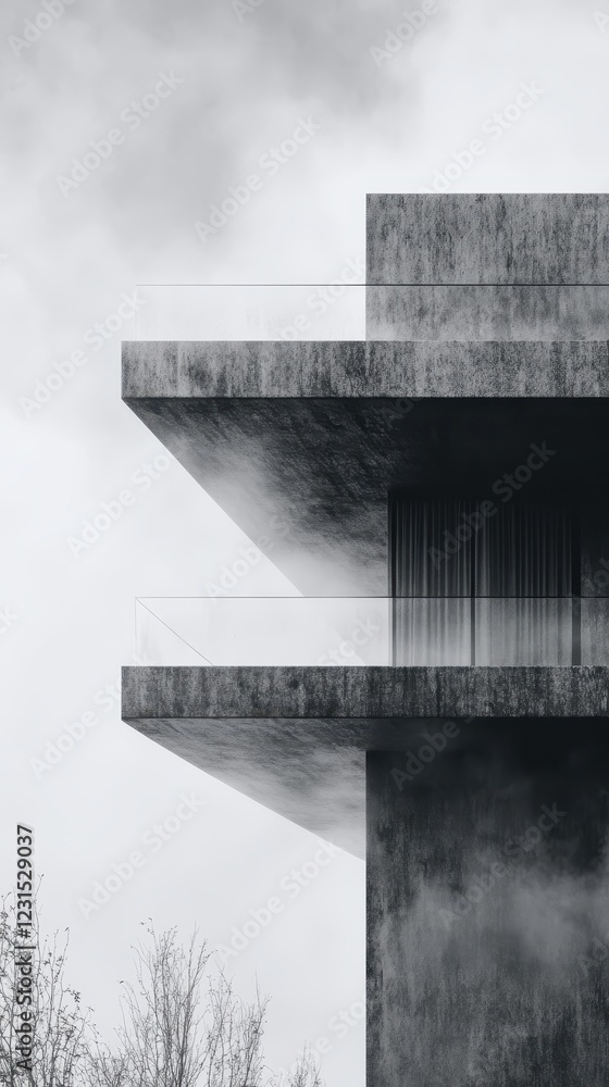 Poster black and white photograph of a building shrouded in fog with a mysterious atmosphere and soft focus