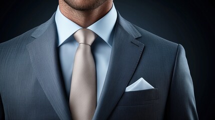 Close-up of a tailored business suit with a light tie and pocket square. professional and executive style concept
