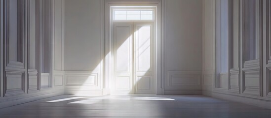 Fototapeta premium Bright minimalistic living room with white wooden framing natural light streaming through large window on wooden floor creating serene ambiance